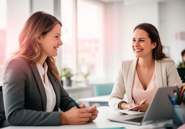 Professionele coach in gesprek met een glimlachende cliënt in een lichte moderne kantoorruimte in Tilburg