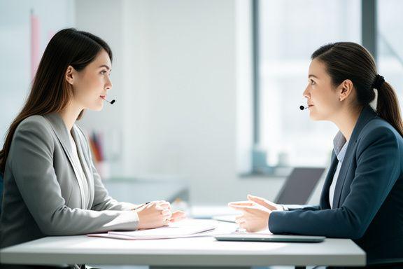Een jonge professional in een mock sollicitatiegesprek met een coach in een moderne kantoorruimte met natuurlijk licht